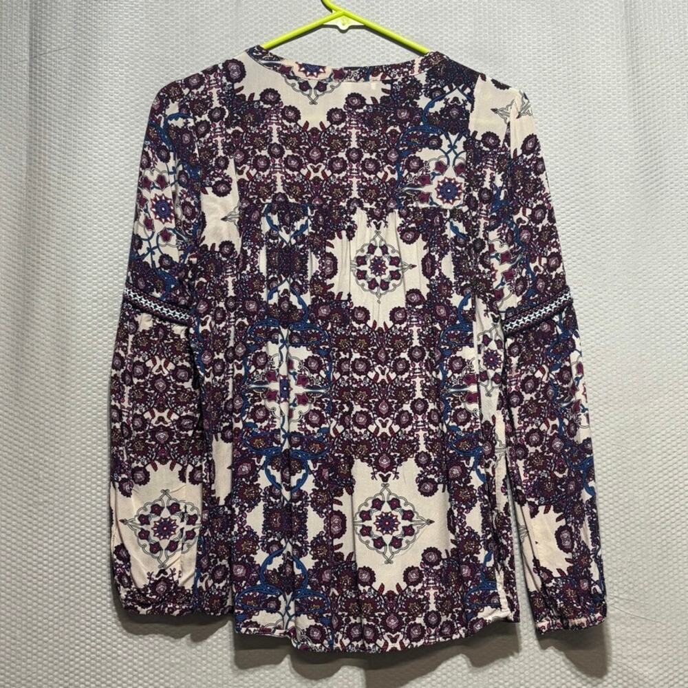 Daniel Rainn Boho Printed Peasant Blouse Split V-Neck Tassel Top - Size M - Picture 8 of 8